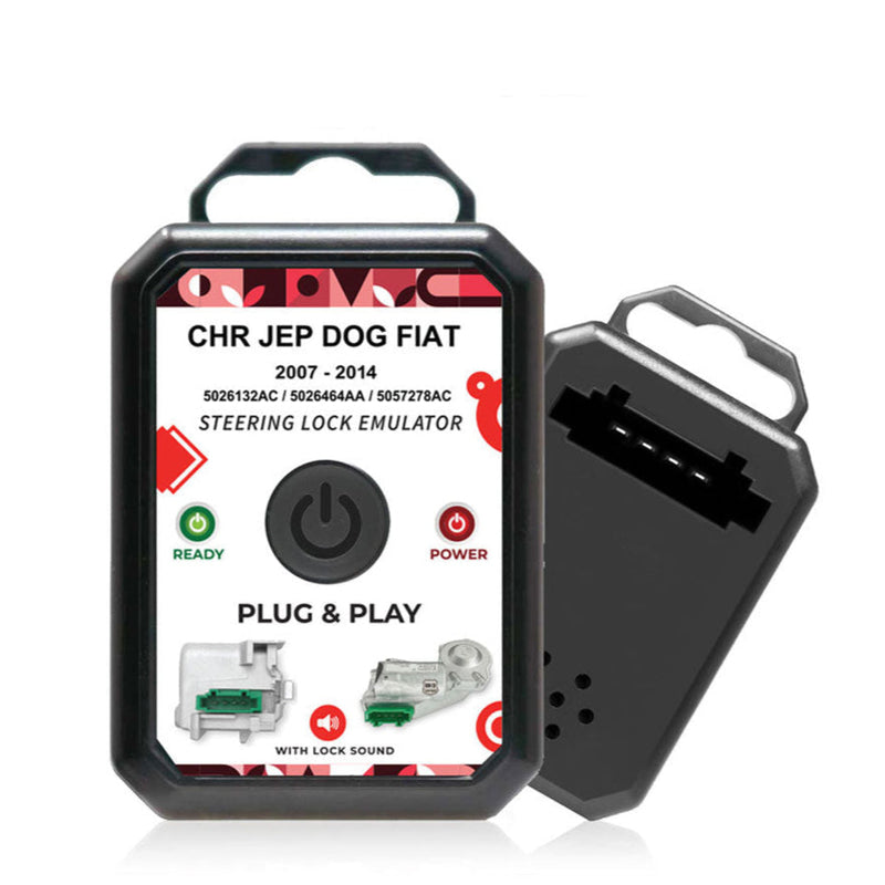 Steering lock emulator packaging with branding and product details on a white background